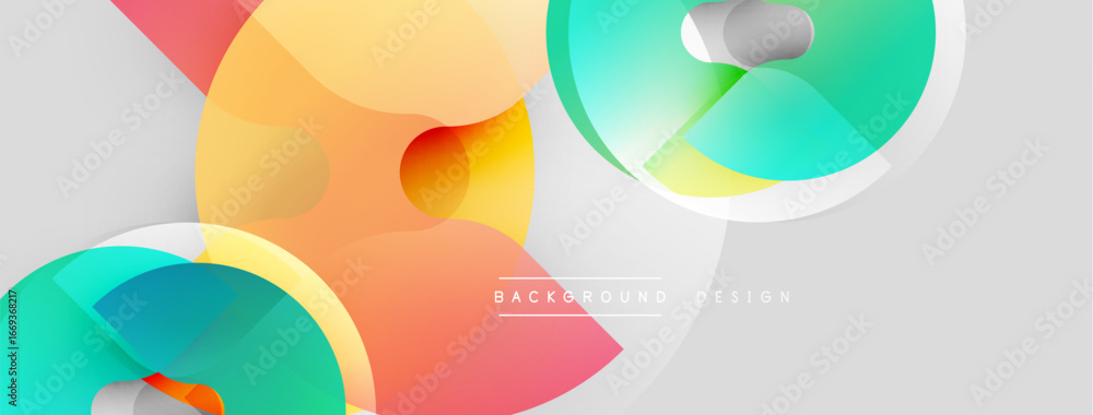 Poster Abstract shapes overlap, creating dynamic colorful composition. Soft gradients, modern design elements present. Light background enhances visual appeal.