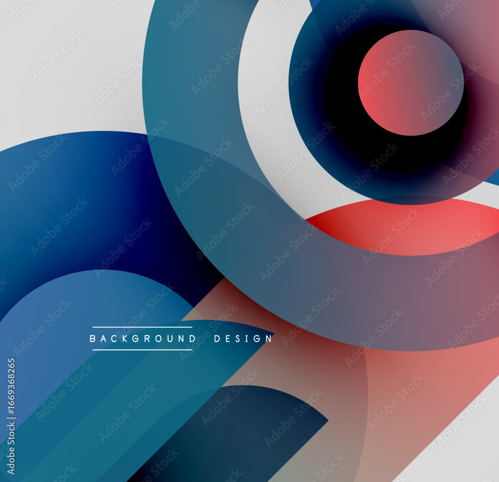 Poster abstract composition featuring overlapping circles, gradients. blue, red, white hues create dynamic 