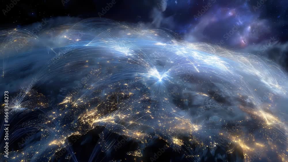 Fototapete planet with a network of lines connecting it to other planets. connections system and global datas e