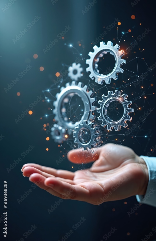 Poster conceptual image of metallic gears floating above open palm, representing mechanical engineering, di
