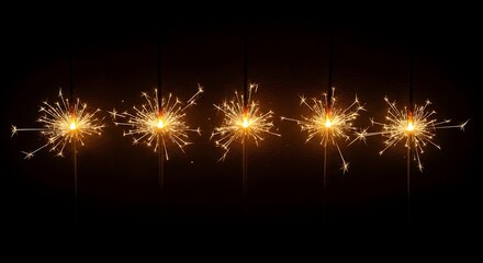 Fototapeta premium Five Burning Sparklers on Black Background, Festive Celebration Lights