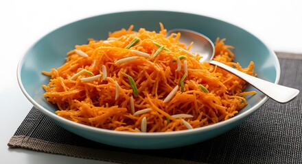 Gajar ka Halwa: Shredded Carrot Dessert with Almonds and Pistachios in Teal Bowl