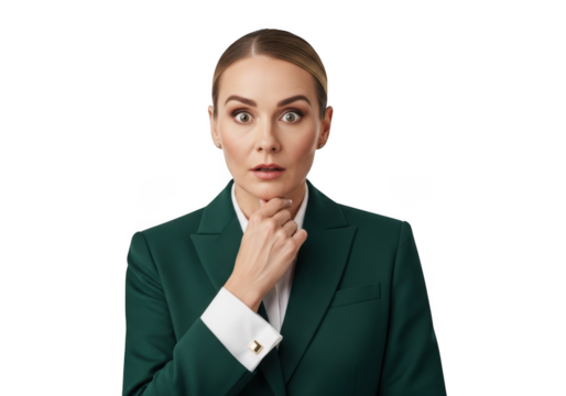 Shocked businesswoman in green suit with hand on chin portrait, surprised expression, png image, isolated on transparent background