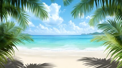 Obraz premium Lush palm leaves frame a serene beach under a bright blue sky.