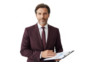 Professional businessman holding charts and graphs in suit portrait stock photo isolated on transparent background