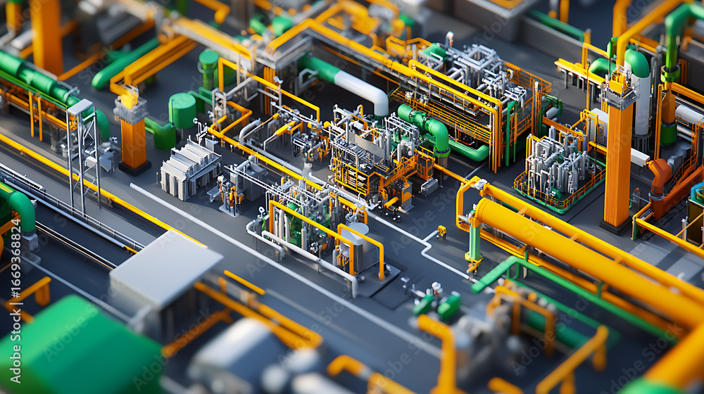 Poster a computer generated image of a factory with many pipes and tanks. the pipes are yellow and green