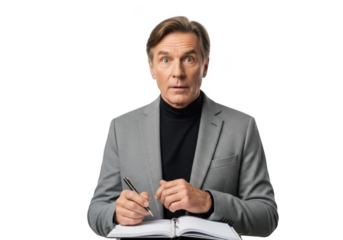 Surprised businessman writing notes, taking action, planning strategy, making decisions, isolated on transparent background