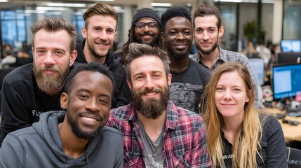 Fototapeta premium Diverse team of young professionals pose together in modern office, smiling and looking at the camera cheerfully.