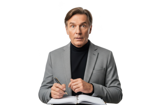 Surprised businessman writing notes, taking action, planning strategy, making decisions, isolated on transparent background