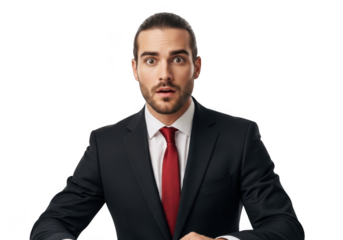 Surprised businessman with open mouth, shocked expression, wearing suit and red tie, png image for design projects isolated on transparent background
