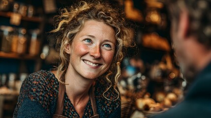 A smiling woman with curly hair looks happily at a customer in a quaint and cozy local store environment.