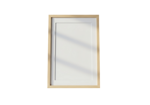 Isolated close-up shot of a rectangular light wood frame with a white mat and white center, mounted on a white background, suitable for displaying artwork or photography