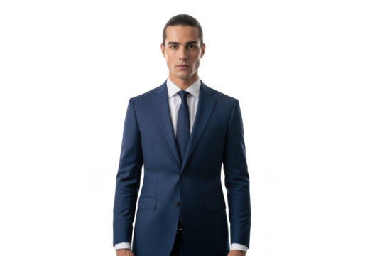 Professional businessman in blue suit and tie, corporate portrait, business attire, formal wear, isolated on transparent background