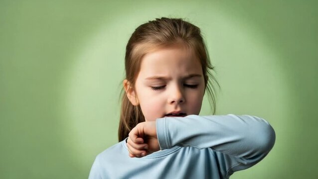 Young girl demonstrates proper cough etiquette by covering mouth with elbow