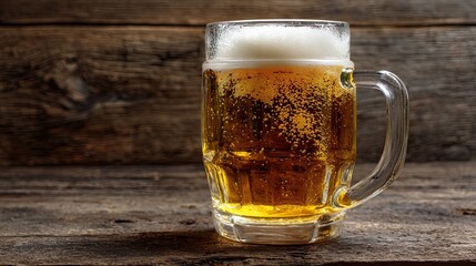 A picture of beer mug with frothy foam on a wooden background