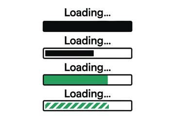 Different loading bars with progress indicators isolated on white background