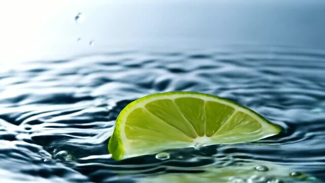 A vibrant lime slice, captured in a dynamic splash of water, showcasing a refreshing and invigorating scene.