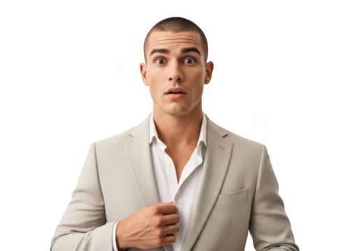Surprised man in suit looking at camera with shocked expression, business casual attire, portrait photography isolated on transparent background - Powered by Adobe