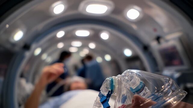 Artistic medium shot focusing on the oxygen mask and tubing within the hyperbaric chamber while the patients relaxed body fades into a smooth outoffocus background.