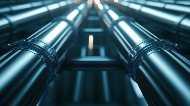 Gleaming metallic pipes converge in a futuristic industrial setting, creating a sense of depth and scale.