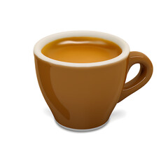 A ceramic mug filled with a steaming hot beverage, likely coffee or tea, set against a plain background.