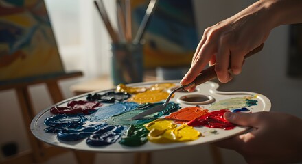 Artist using palette knife to mix paints