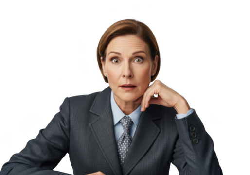 Shocked businesswoman with hand on chin looking surprised and concerned, wearing suit and tie, png image for design resources isolated on transparent background