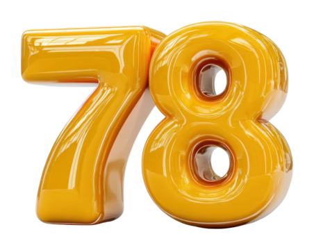 Bright yellow number 78 sculpture in modern gallery isolated on transparent background