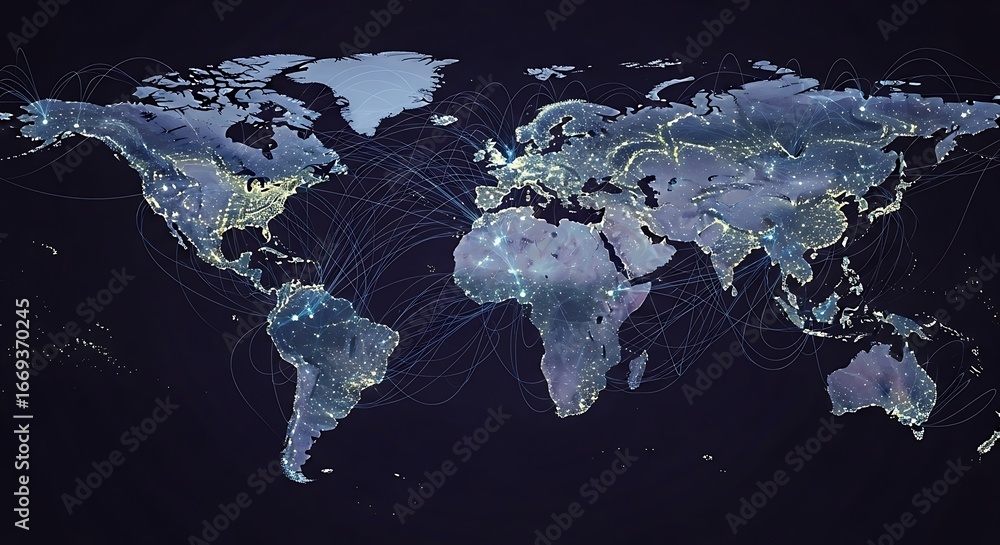Poster global network map showing interconnected cities and pathways.