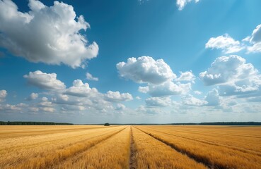 Fototapeta premium Golden farmland landscape on Lolland island, Denmark. Vast fields of ripe grain stretch towards horizon under bright blue sky with white clouds. Solitary tree stands in distance, accentuating serene