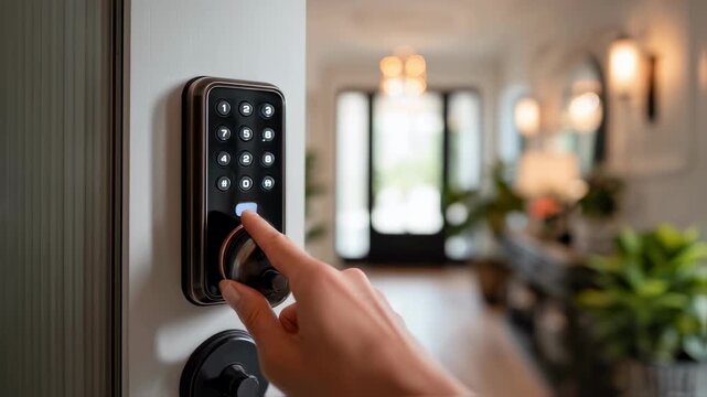 Focused image of a digital door lock keypad being used with the entrance hall gently out of focus illustrating keyless home entry.