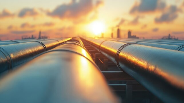 Close-up view of parallel pipelines extending towards an industrial horizon at sunset.