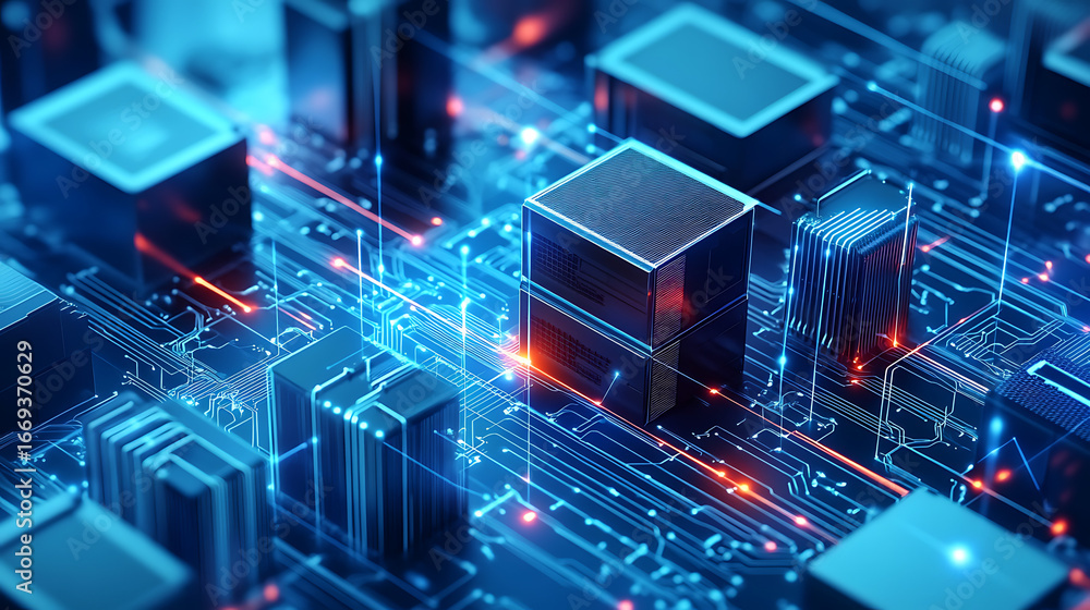 Aufkleber a computer chip with a blue background and red and orange lines. the chip is a cube