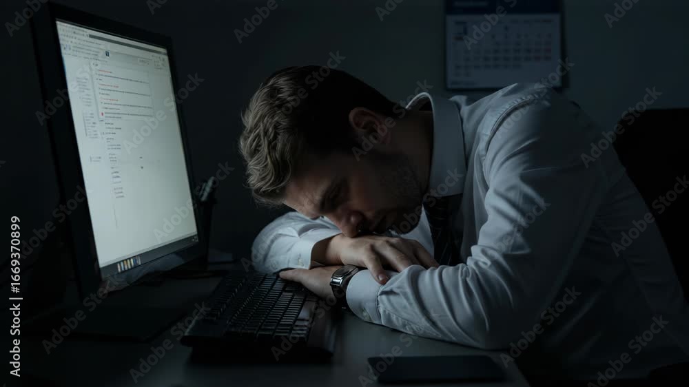 Poster tired man sleeping on his desk in front of a computer screen late at night, symbolizing overwork and