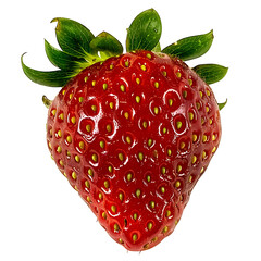 A single ripe strawberry with vibrant red color and green leaves
