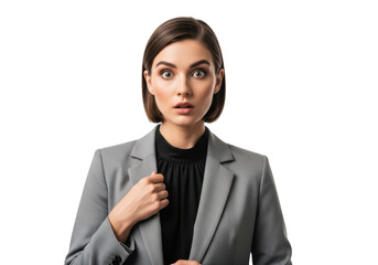 Surprised businesswoman in gray suit, shocked expression, professional female portrait, isolated on transparent background