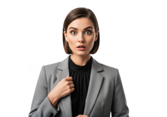 Surprised businesswoman in gray suit, shocked expression, professional female portrait, isolated on transparent background