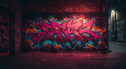 Naklejka premium Colorful graffiti art on dark alley wall