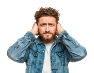 Man covering ears portrait emotional scene isolated on transparent background