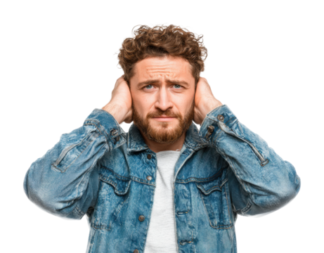 Man covering ears portrait emotional scene isolated on transparent background
