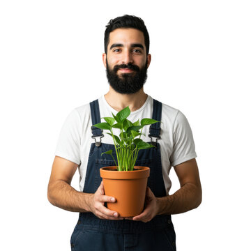 Young man with beard holding potted green plant, wearing white t shirt and denim overalls, smiling gently