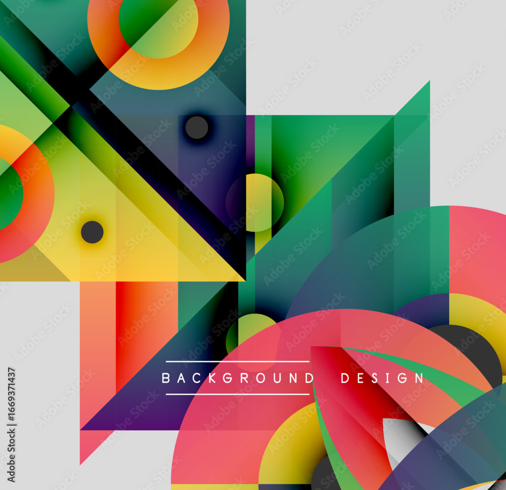 Poster abstract geometric shapes overlap, creating vibrant colorful composition. modern design features gra