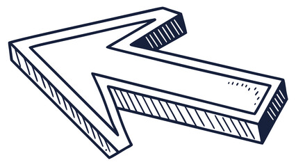 A hand drawn dark blue arrow pointing to the left with a 3d perspective and a sketched style on a white background