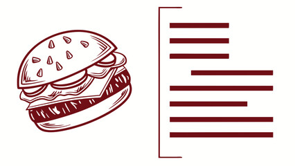 Stylized illustration of a juicy hamburger with multiple layers of ingredients and a simple bar chart graphic on a white background representing data or statistics