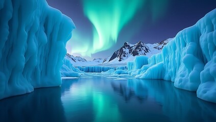 Frozen glacier valley with glowing blue ice caves, mirrored in crystal-clear water, northern lights dancing above in vibrant colors, fantasy arctic wallpaper style.