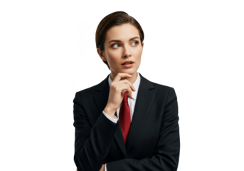 Pensive businesswoman in suit thinking deeply, female executive contemplating strategy, isolated on transparent background