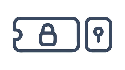 A minimalist graphic design featuring a dark blue outline of a ticket with a padlock symbol inside and a keyhole symbol in a separate adjacent rectangle against a black background