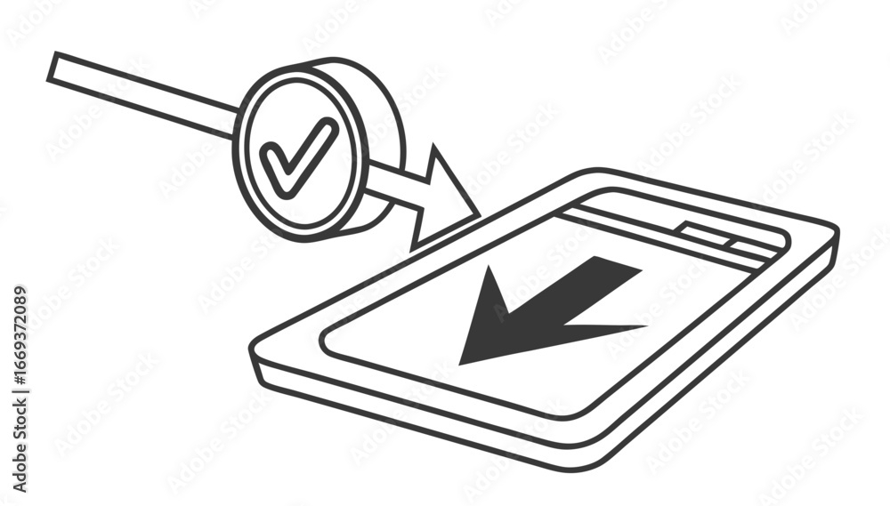 Poster iconic representation of a download process with a checkmark indicating successful completion direct