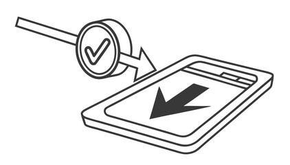Iconic representation of a download process with a checkmark indicating successful completion directed towards a mobile device screen