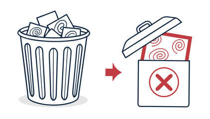 Illustration of a trash can filled with papers with a spiral design being thrown into another trash can with a red cross symbol indicating rejection or deletion